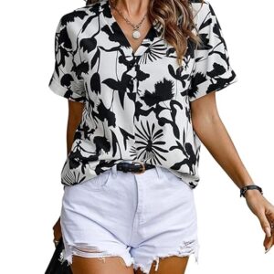 a girl in a black and white printed shirt and white shorts, with a black bag in a hand.