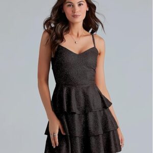 ADDYVERO V-Neck Shoulder Straps Sleeve Glam Glitter Ruffled Tiered Fit